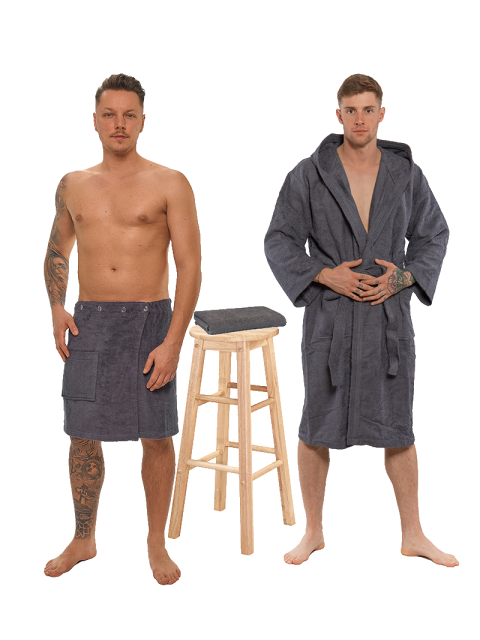 Sada Dark Grey: župan s kapucí + pánský saunový kilt + osuška