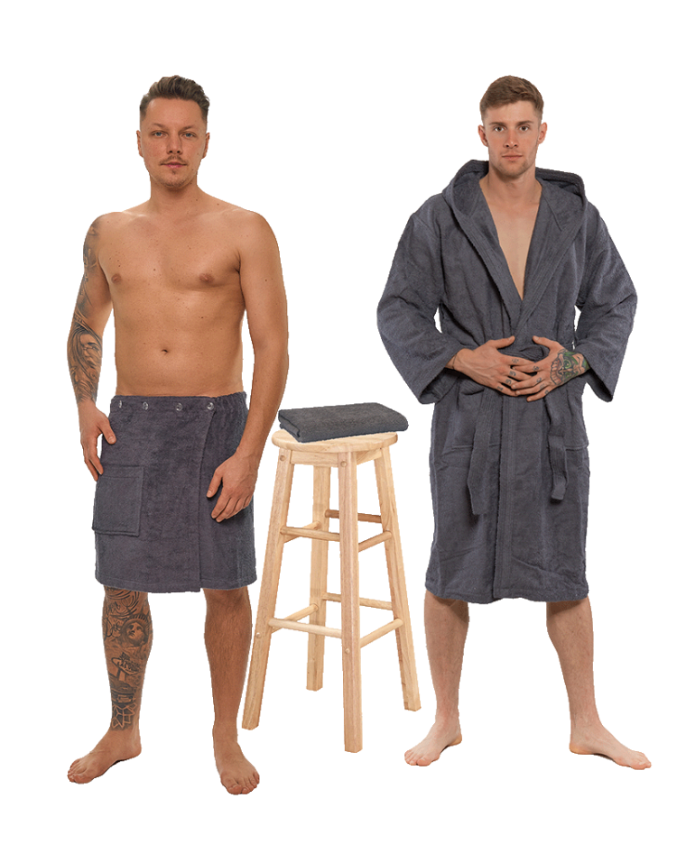 Sada Dark Grey: župan s kapucí + pánský saunový kilt + osuška