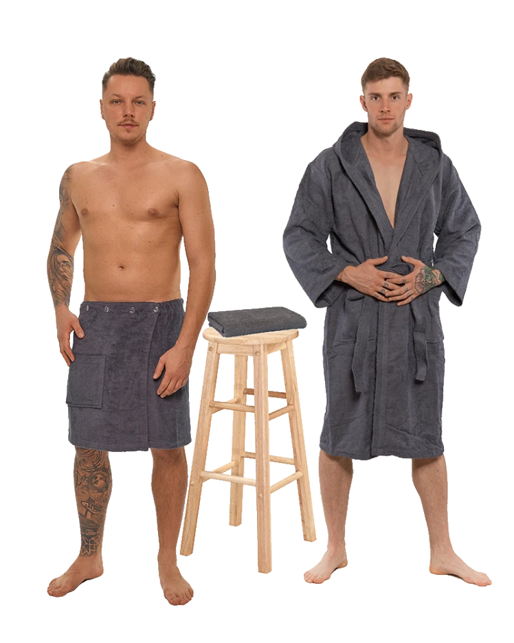 Sada Dark Grey: župan s kapucí + pánský saunový kilt + osuška