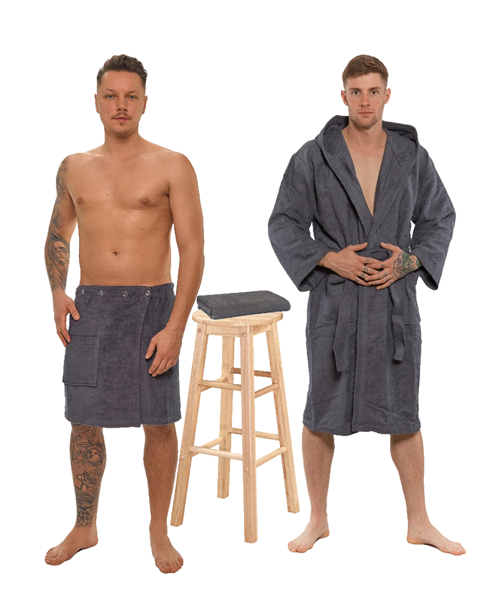 Sada Dark Grey: župan s kapucí + pánský saunový kilt + osuška