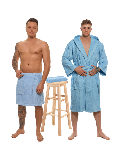 Sada Light Blue: župan s kapucí + pánský saunový kilt + osuška