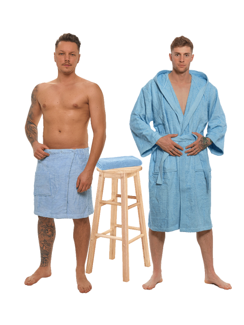 Sada Light Blue: župan s kapucí + pánský saunový kilt + osuška
