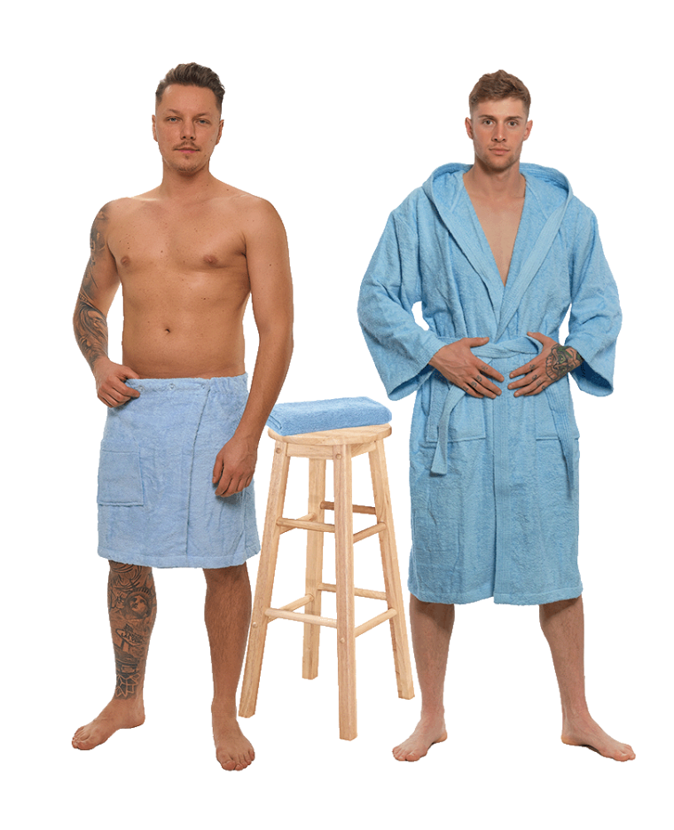 Sada Light Blue: župan s kapucí + pánský saunový kilt + osuška