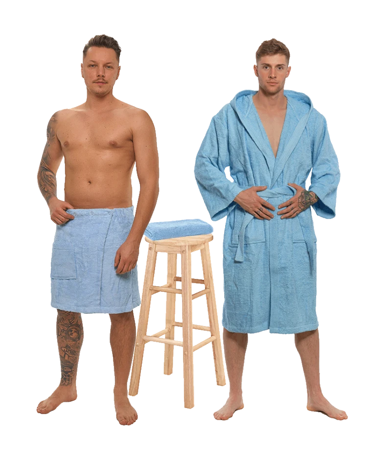 Sada Light Blue: župan s kapucí + pánský saunový kilt + osuška