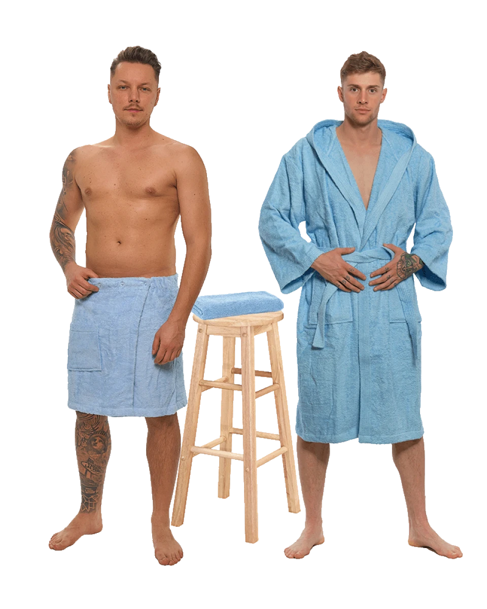 Sada Light Blue: župan s kapucí + pánský saunový kilt + osuška