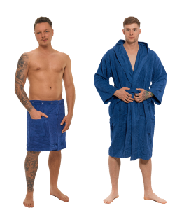 Sada Navy Blue: župan s kapucí + pánský saunový kilt + osuška