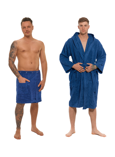 Sada Navy Blue: župan s kapucí + pánský saunový kilt + osuška