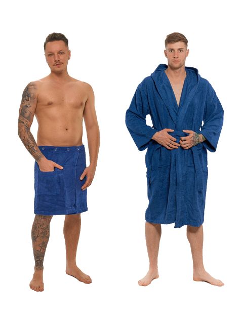 Sada Navy Blue: župan s kapucí + pánský saunový kilt + osuška