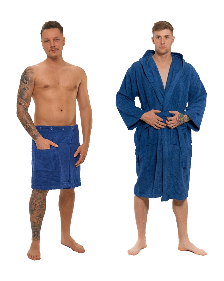 Sada Navy Blue: župan s kapucí + pánský saunový kilt + osuška