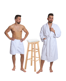 Sada White: župan KIMONO + pánský saunový kilt + osuška