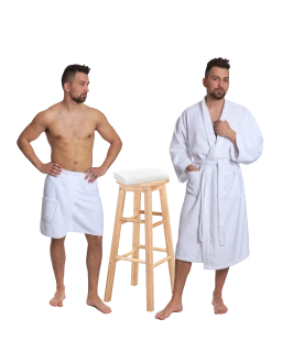 Sada White: župan KIMONO + pánský saunový kilt + osuška