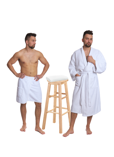 Sada White: župan KIMONO + pánský saunový kilt + osuška