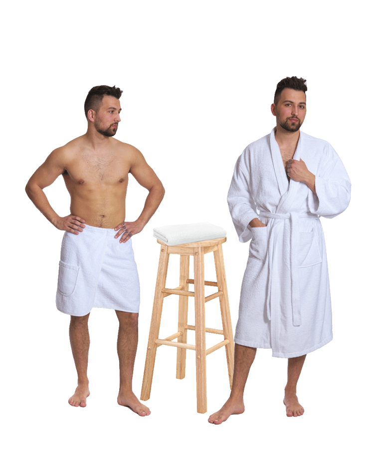 Sada White: župan KIMONO + pánský saunový kilt + osuška