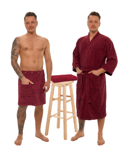 Sada Bordeaux: župan KIMONO + pánský saunový kilt + osuška