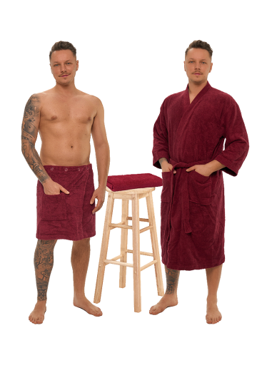 Sada Bordeaux: župan KIMONO + pánský saunový kilt + osuška