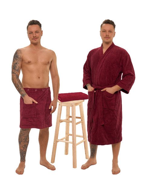 Sada Bordeaux: župan KIMONO + pánský saunový kilt + osuška