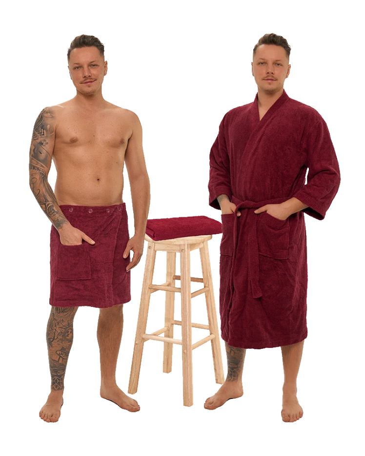 Sada Bordeaux: župan KIMONO + pánský saunový kilt + osuška