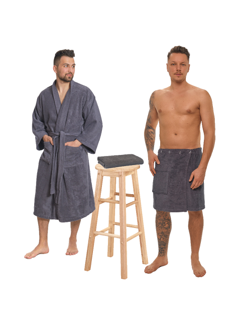 Sada Dark Grey: župan KIMONO + pánský saunový kilt + osuška