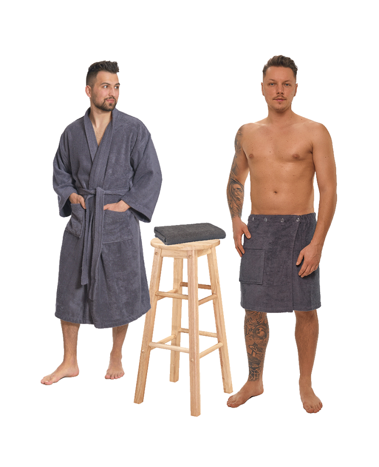 Sada Dark Grey: župan KIMONO + pánský saunový kilt + osuška