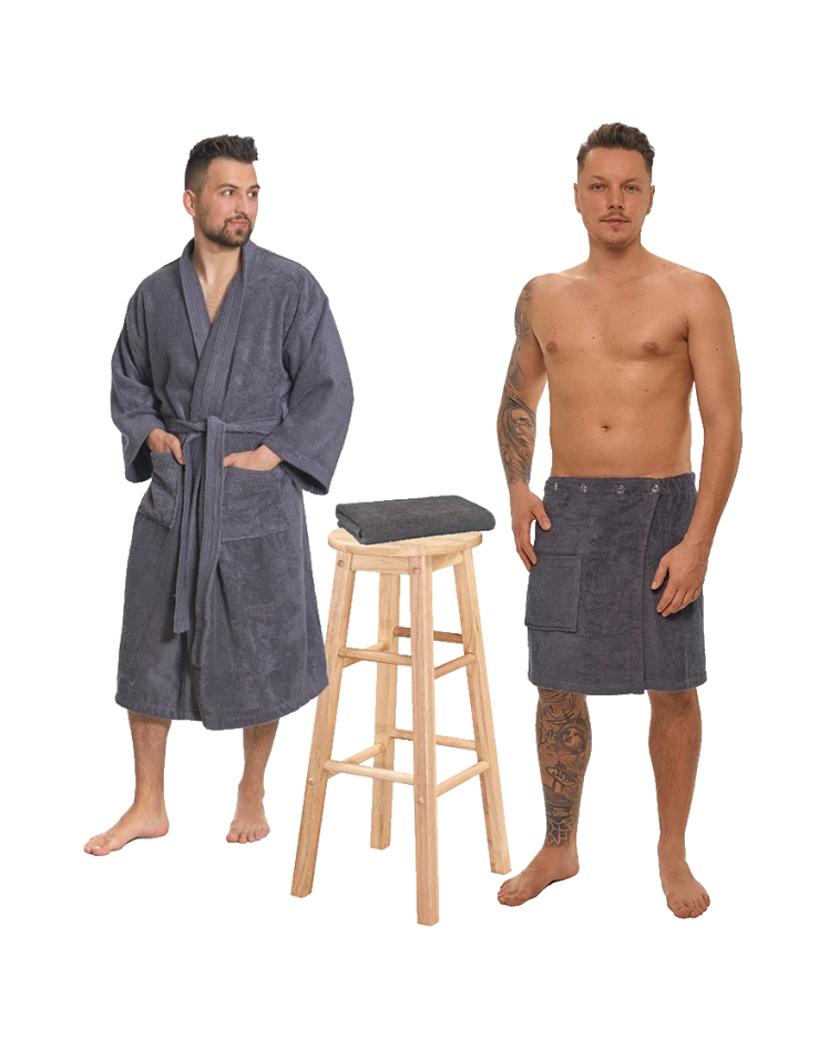Sada Dark Grey: župan KIMONO + pánský saunový kilt + osuška