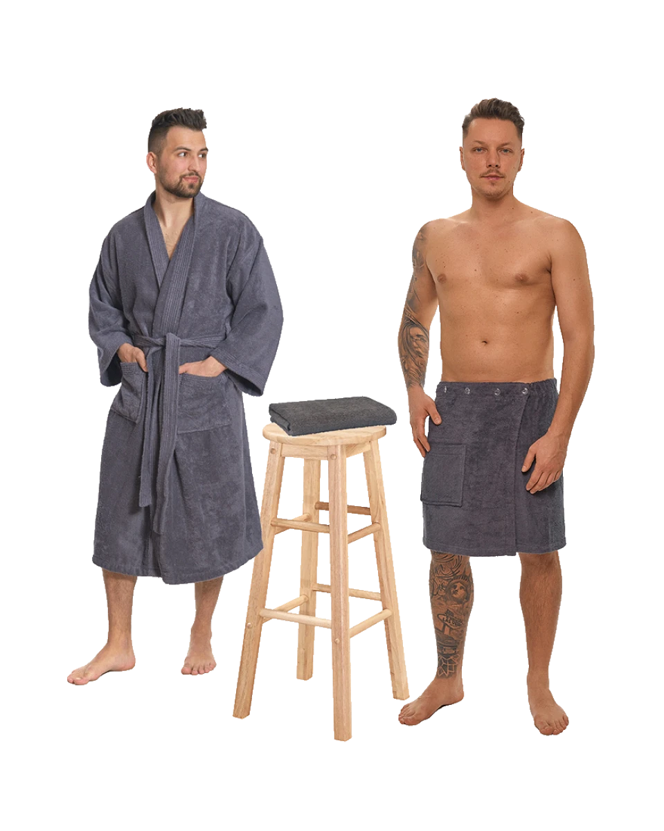 Sada Dark Grey: župan KIMONO + pánský saunový kilt + osuška