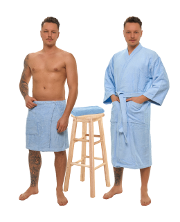 Sada Light Blue: župan KIMONO + pánský saunový kilt + osuška