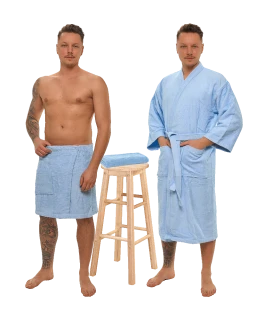 Sada Light Blue: župan KIMONO + pánský saunový kilt + osuška