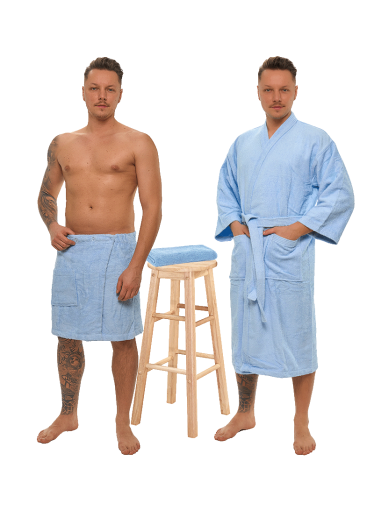 Sada Light Blue: župan KIMONO + pánský saunový kilt + osuška