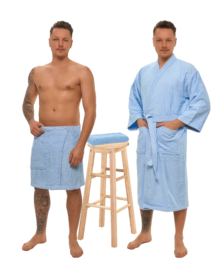 Sada Light Blue: župan KIMONO + pánský saunový kilt + osuška