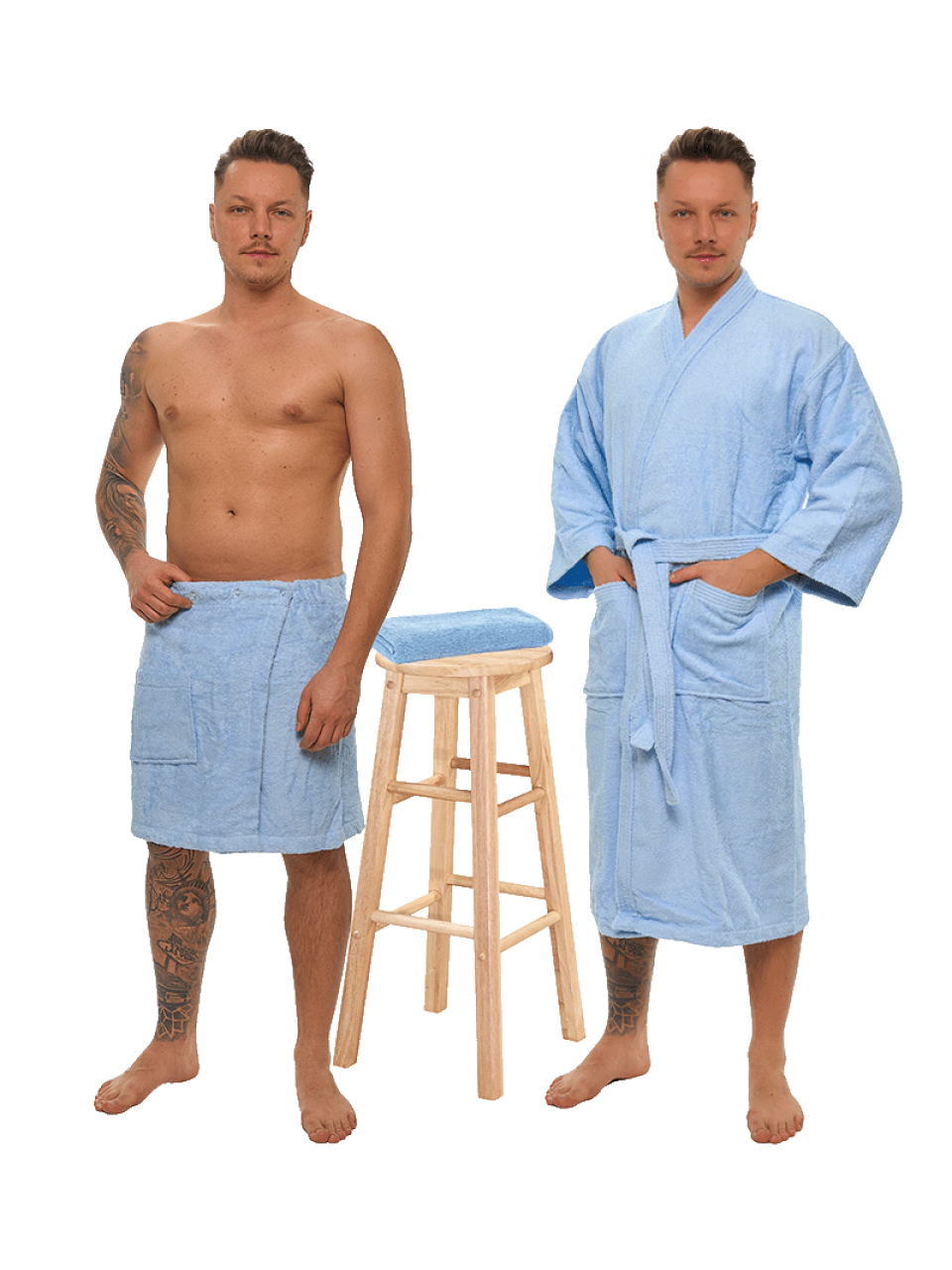 Sada Light Blue: župan KIMONO + pánský saunový kilt + osuška