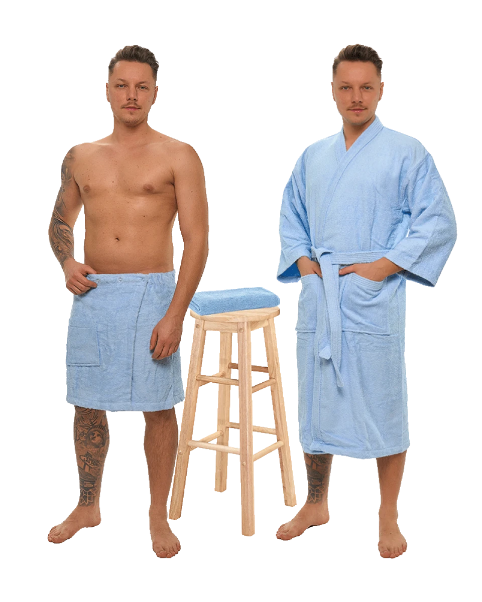 Sada Light Blue: župan KIMONO + pánský saunový kilt + osuška