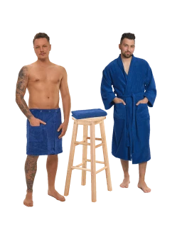 Sada Navy Blue: župan KIMONO + pánský saunový kilt + osuška