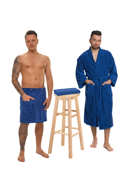 Sada Navy Blue: župan KIMONO + pánský saunový kilt + osuška