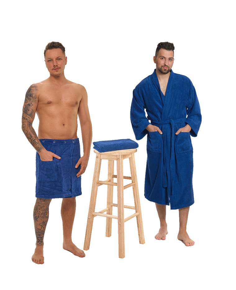Sada Navy Blue: župan KIMONO + pánský saunový kilt + osuška