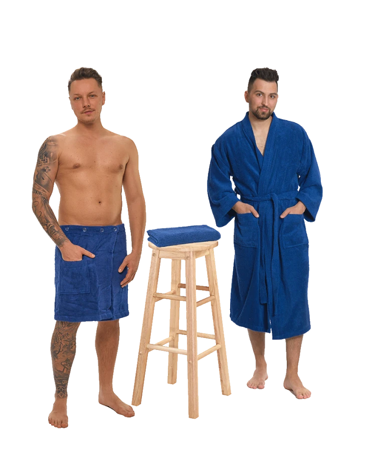 Sada Navy Blue: župan KIMONO + pánský saunový kilt + osuška