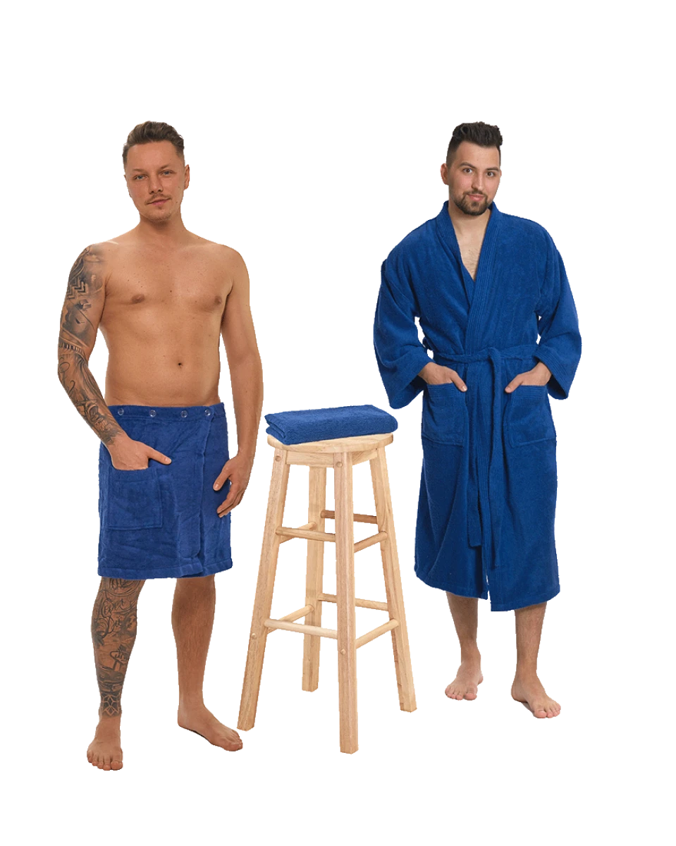 Sada Navy Blue: župan KIMONO + pánský saunový kilt + osuška