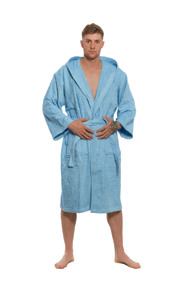 Pánský bavlněný župan s kapucí, Světlá modř