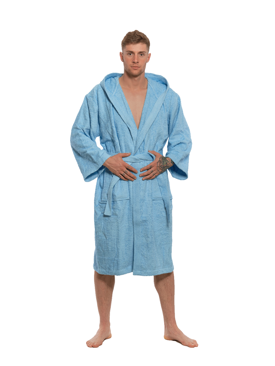 Pánský bavlněný župan s kapucí, Světlá modř
