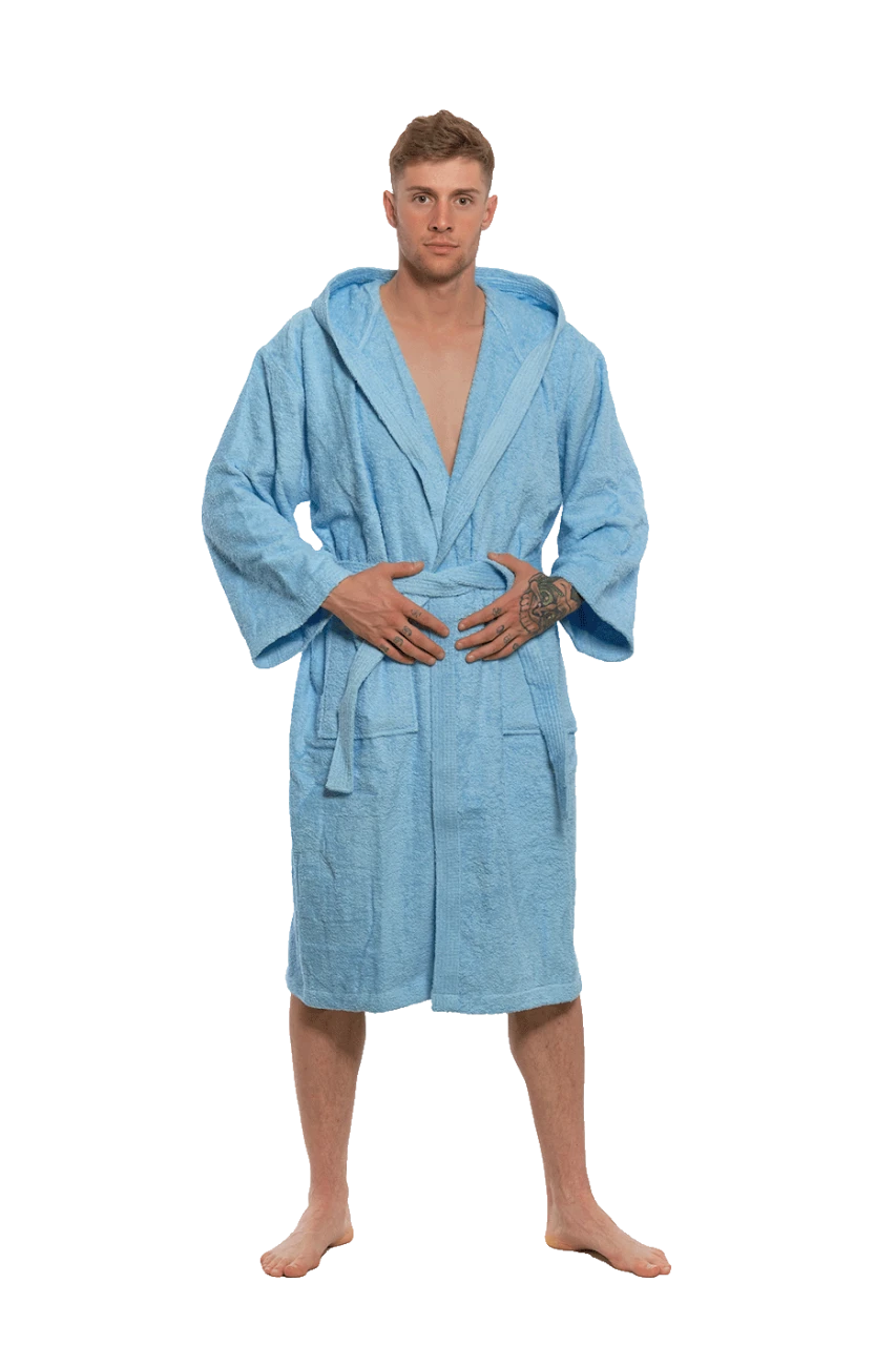 Pánský bavlněný župan s kapucí, Světlá modř
