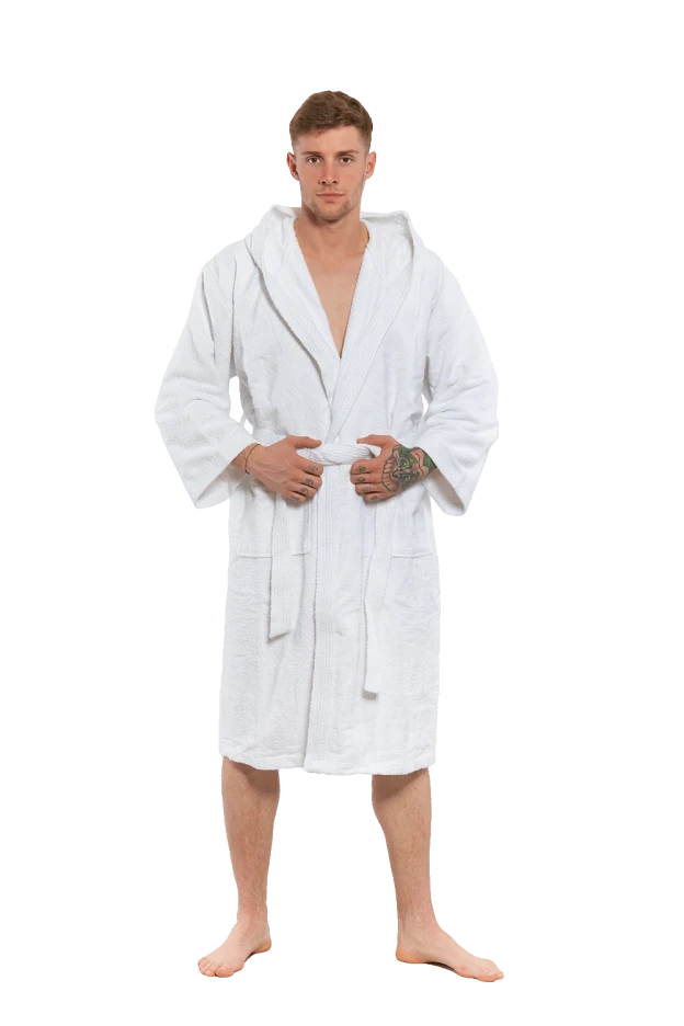 Pánský bavlněný župan s kapucí, Bílá