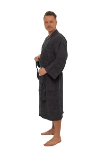 Pánský bavlněný tmavě hnědý froté župan střihu kimono - boční pohled