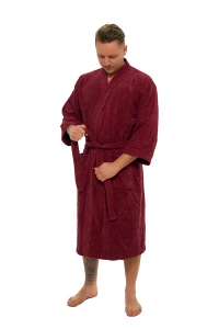 Pánský bavlněný vínový froté župan střihu kimono - celá postava zavazování