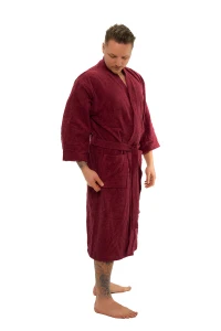 Pánský bavlněný vínový froté župan střihu kimono - boční pohled