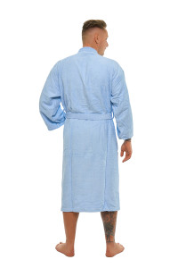 Pánský bavlněný světle modrý froté župan střihu kimono - zadní pohled