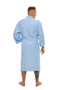 Pánský bavlněný světle modrý froté župan střihu kimono - zadní pohled