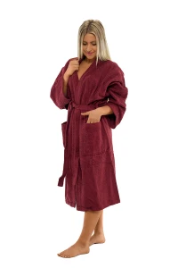 Dámský župan z bavlněného froté kimono vínová červená - celá postava ruka v kapse