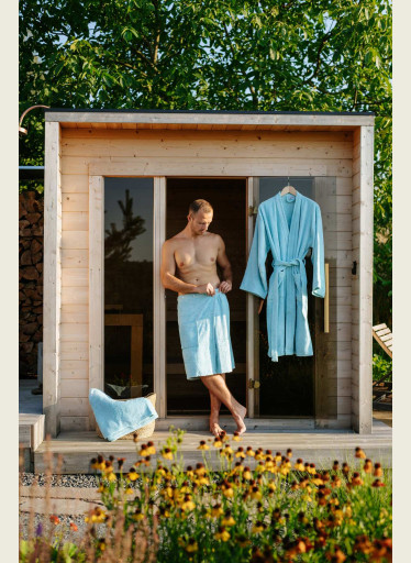 Bambusová sada: župan Kimono + pánský saunový kilt + osuška, Mlžná modř