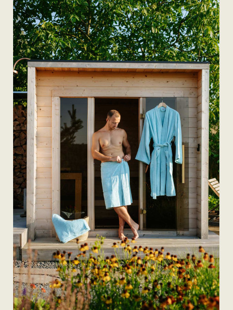 Bambusová sada: župan Kimono + pánský saunový kilt + osuška, Mlžná modř