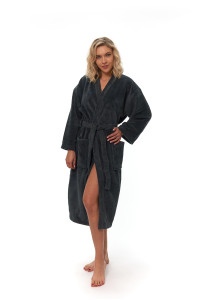 Dámský župan střihu kimono tmavě šedý - přední pohled ruka v bok