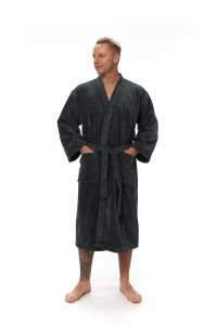 Pánský župan střihu kimono tmavě šedý ruce v kapsách
